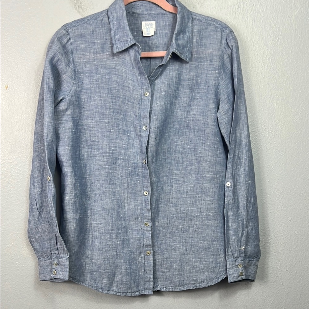 Sigrid Olsen Linen Chambray Tab Sleeve Button Front & Back Blouse Medium